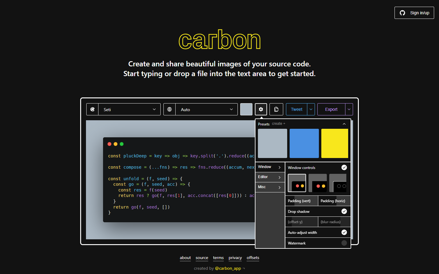 Carbon 设置面板，展示背景、主题与排版选项